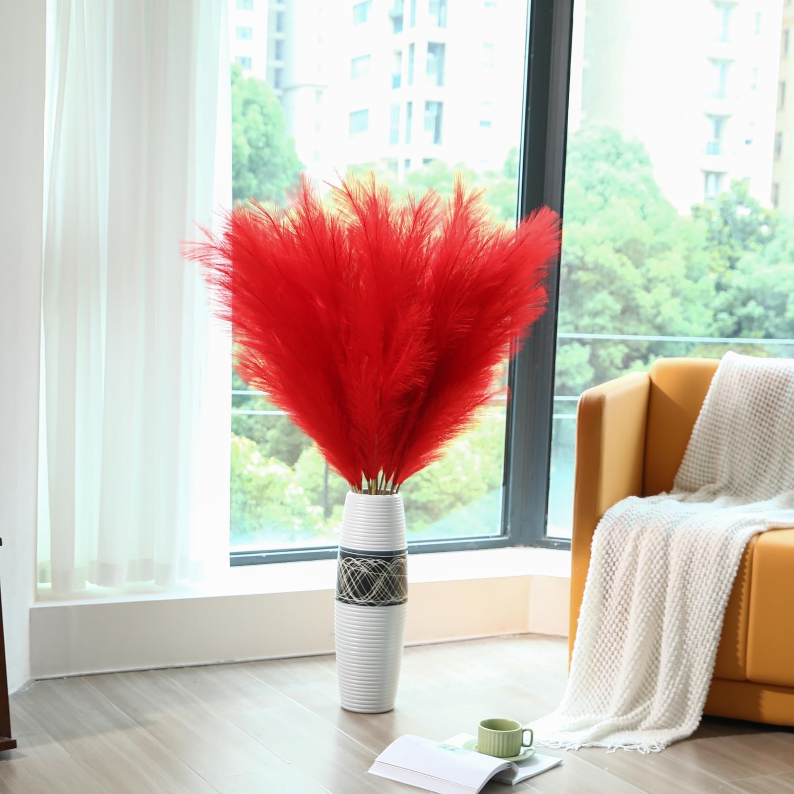 Red Pampas Grass Decor – 45-Inch Set of 8 | Artificial Large Pampas Grass Sof…