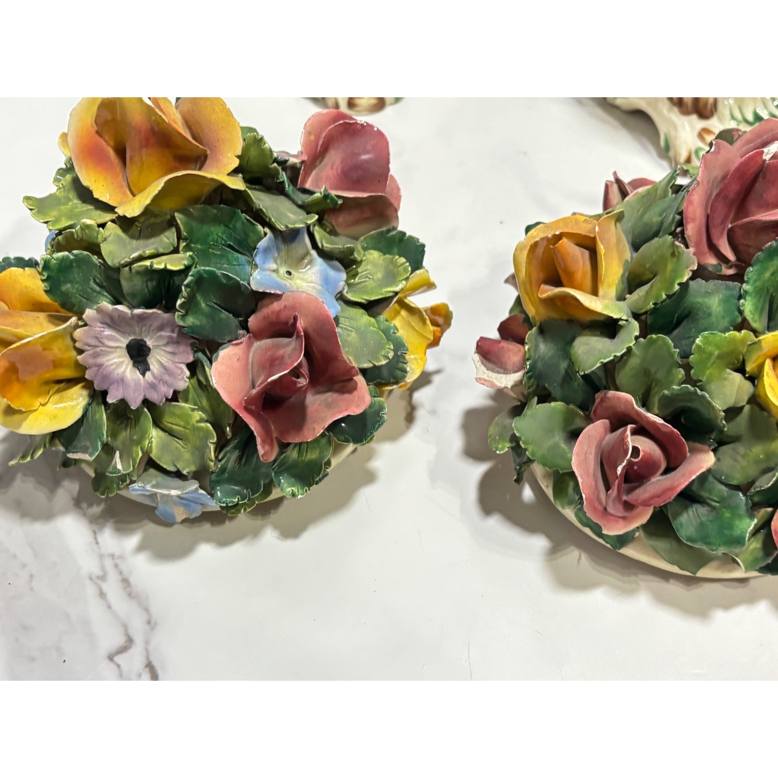 Vintage Capodimonte Italy Porcelain Lidded Urns Floral Bouquet Roses Set of 2