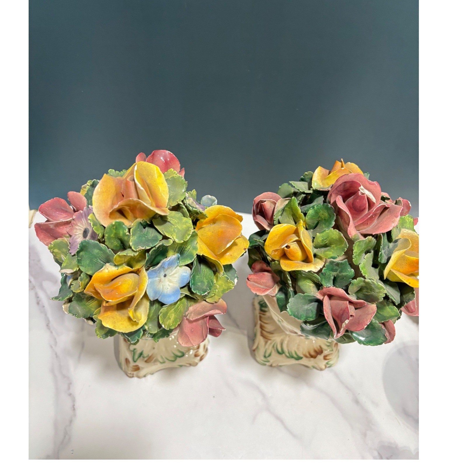 Vintage Capodimonte Italy Porcelain Lidded Urns Floral Bouquet Roses Set of 2