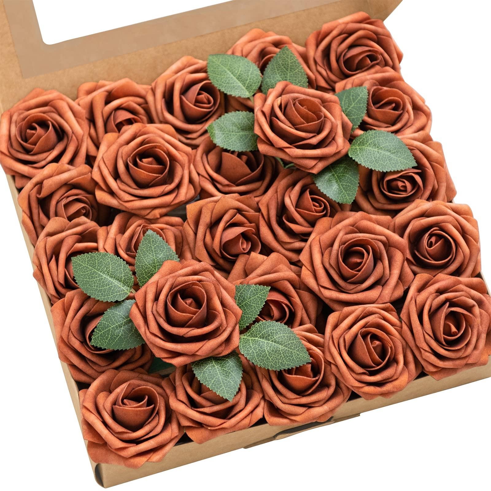 Artificial Flowers 25pcs Real Looking Burnt Orange Foam Fake Roses with Stems Fo