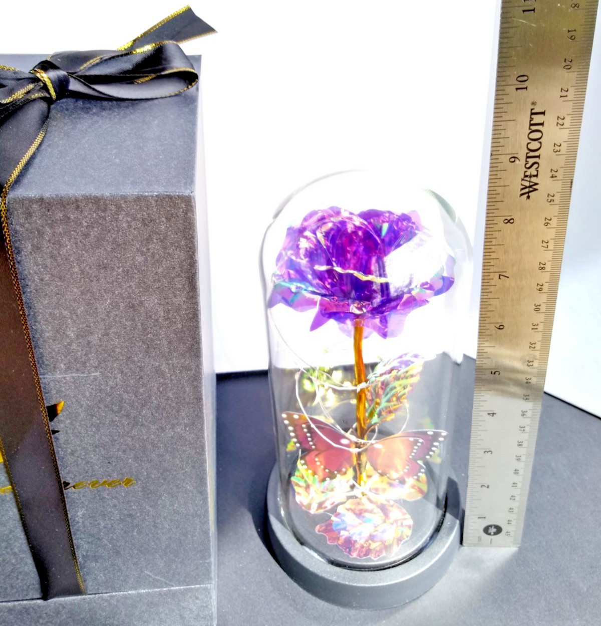 Purple Rose Gift for Women Enchanted Crystal Flower with Butterfly in Glass Dome