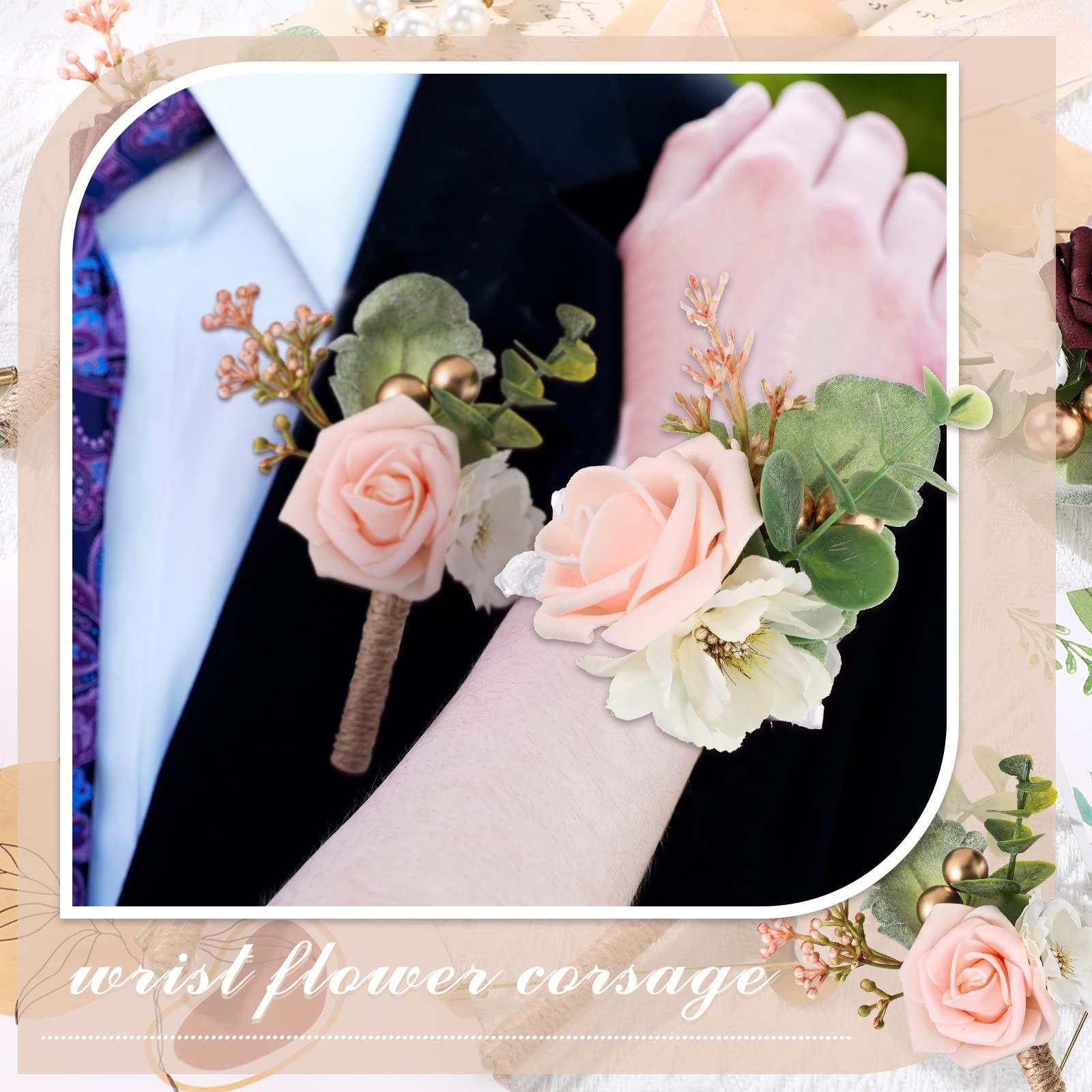 12 PCS Pink Wedding Wrist Corsage and Boutonniere Set Prom Accessories