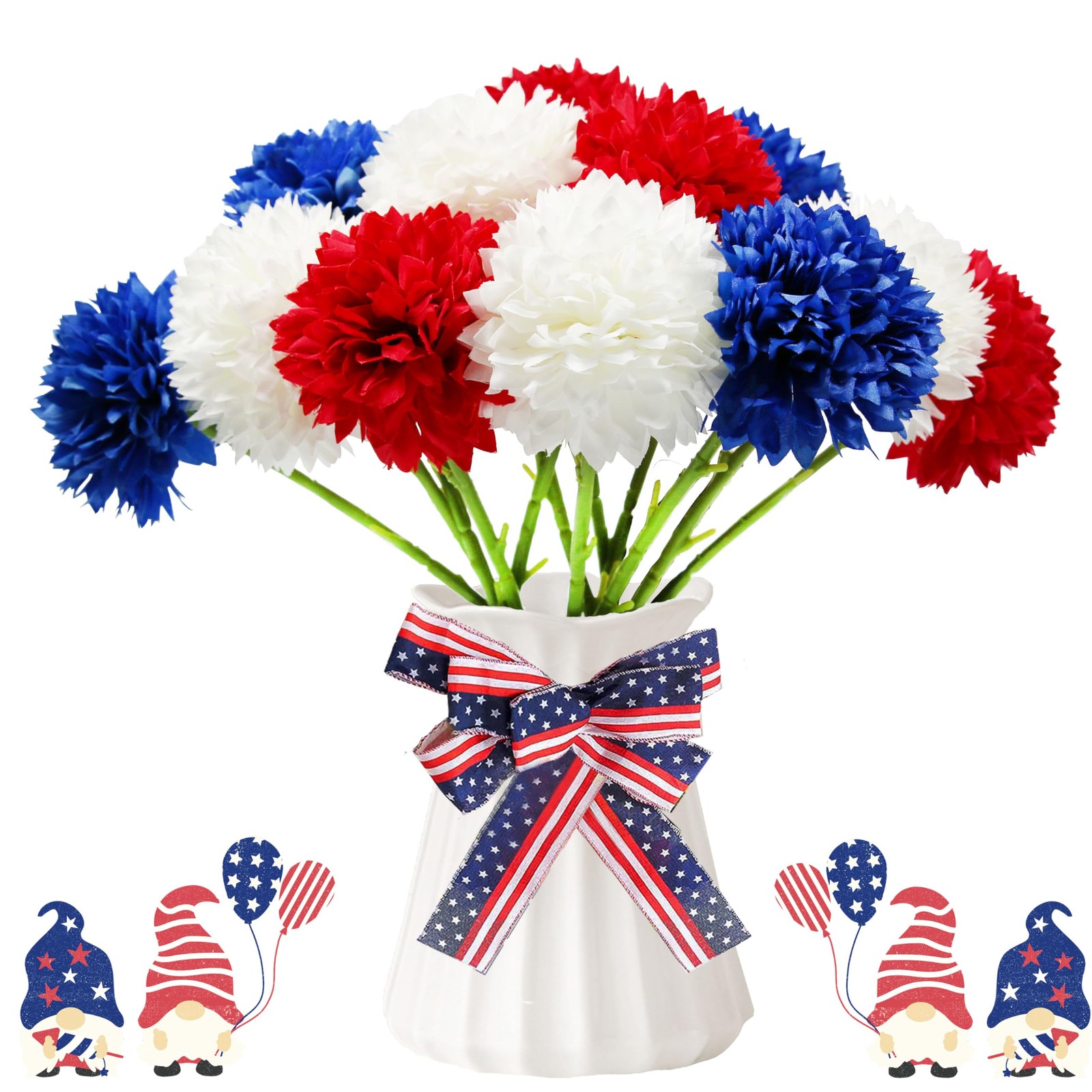 12 pcs Artificial Flower Patriotic Memorial Bouquet Red White and Blue Faux B…