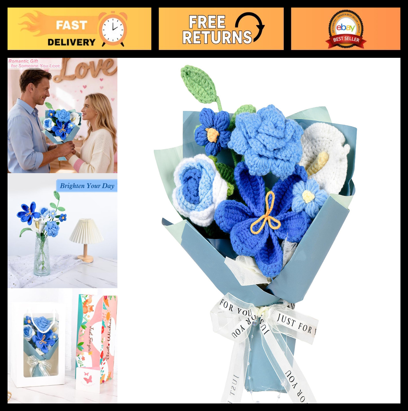 Handmade Crochet Flower Bouquet – Blue Floral Gift Set with Box, Bag & Card