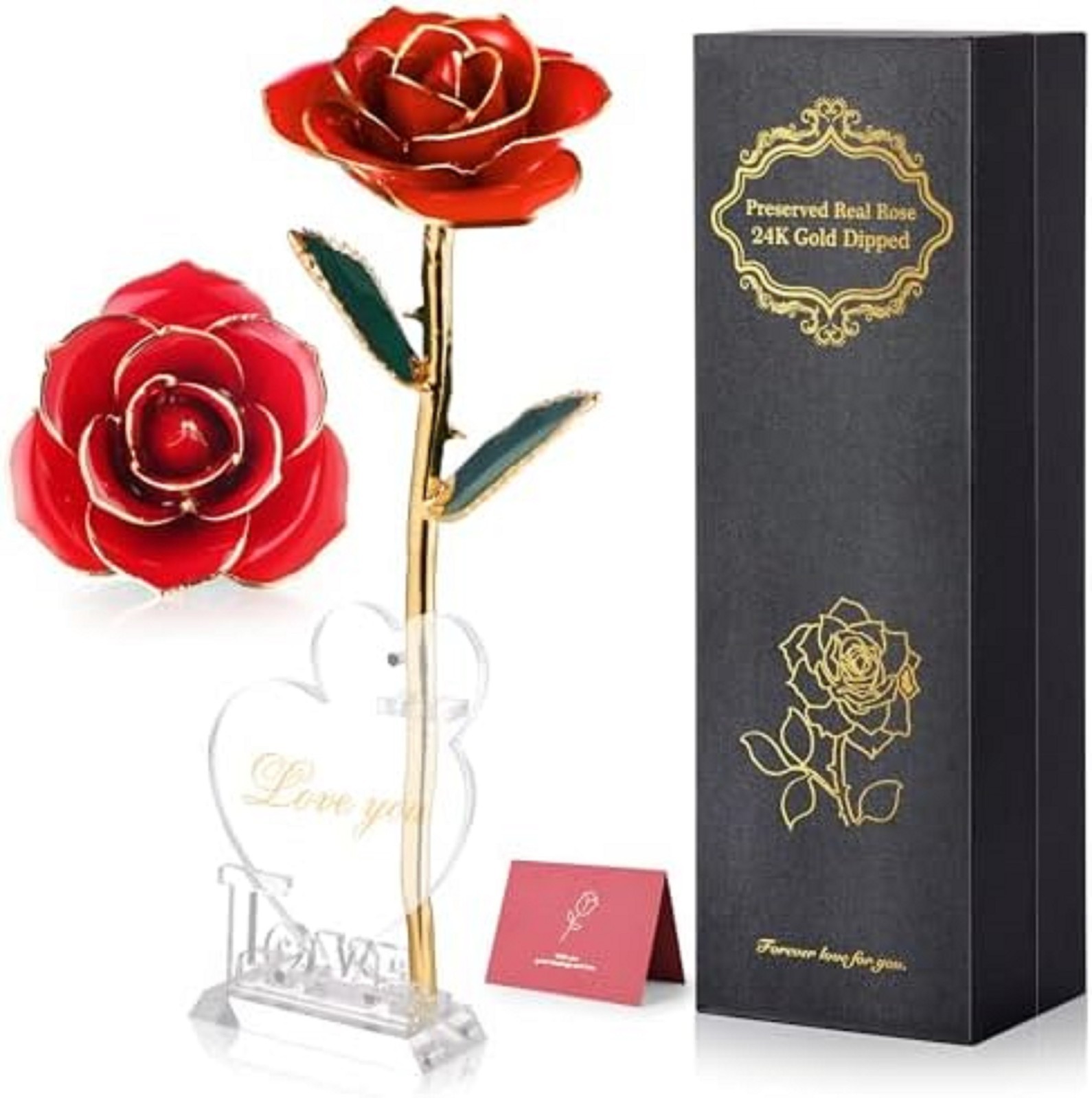 24K Gold Dipped Real Rose with Stand – Forever Gift for Her, Red