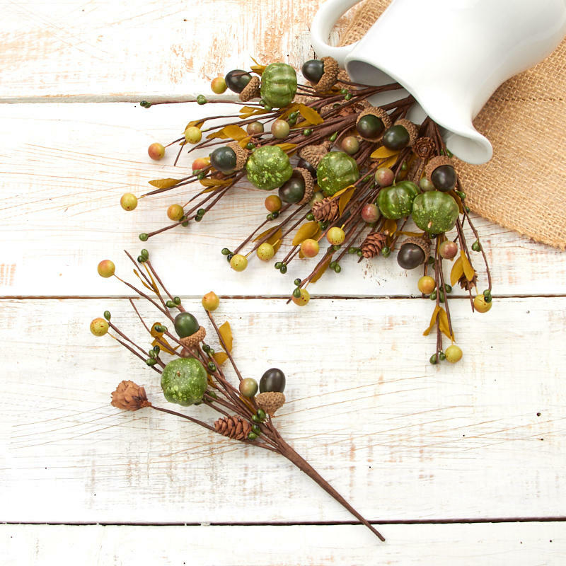 Set of 6 Green Fall Faux Berry, Acorn and Pumpkin 9-1/2″ Floral Picks