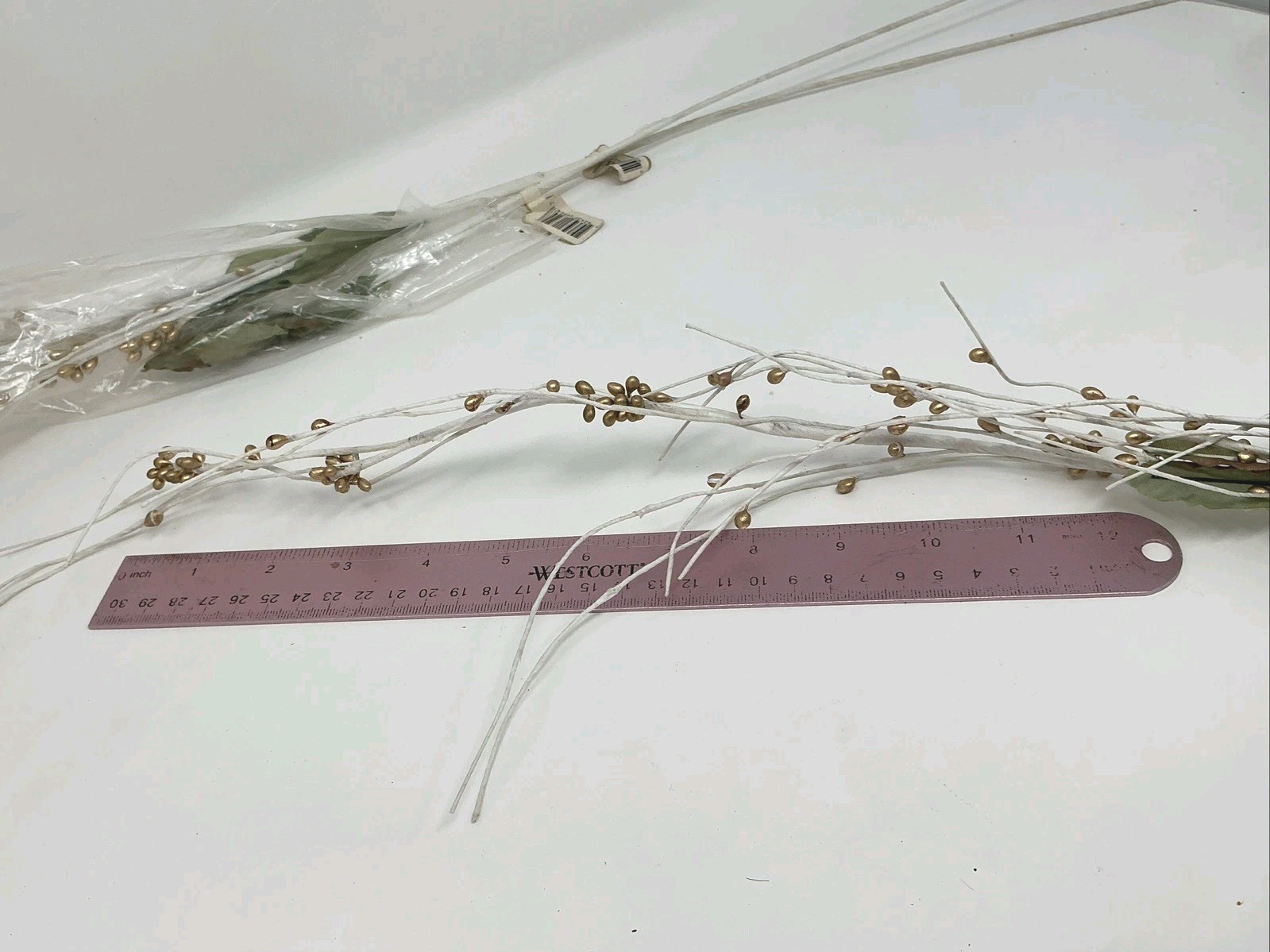 White Twig Branch Gold Berries Green Leaf Floral Pick 46” Long 3 Picks NOS