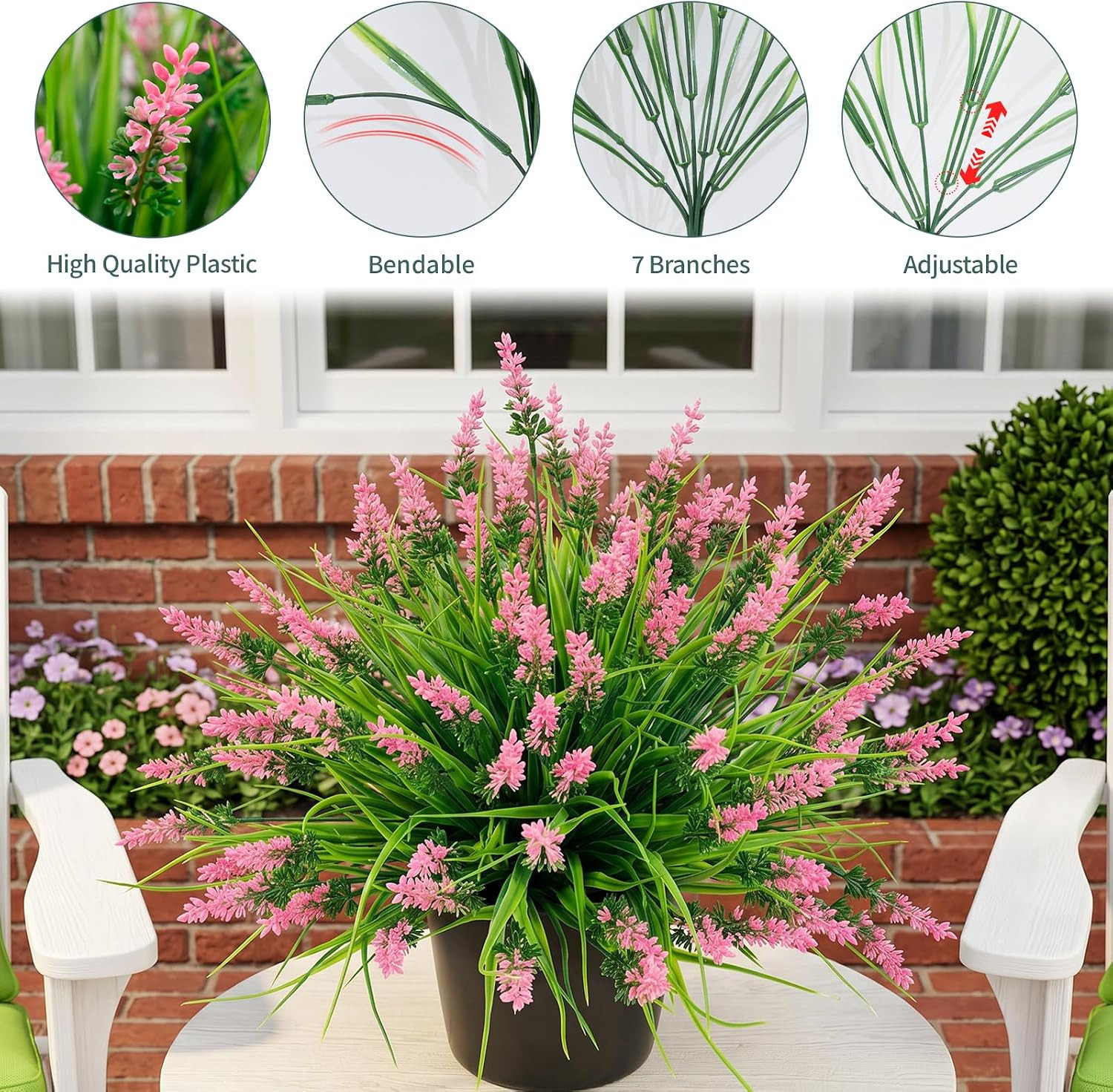 48Pcs UV Resistant Fake Monkey Grass with Pink Flowers for Home & Garden Decor