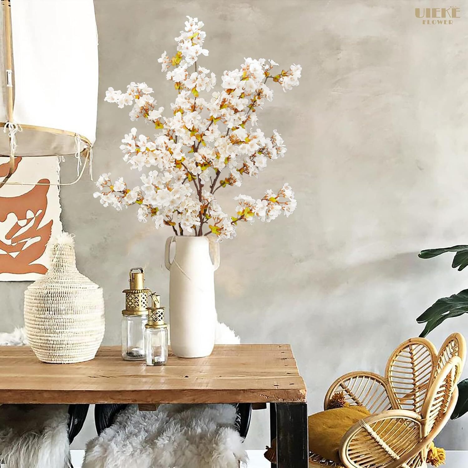 Uieke Silk White Cherry Blossom Branches, 39.3in Artificial Cherry Blossom Stems