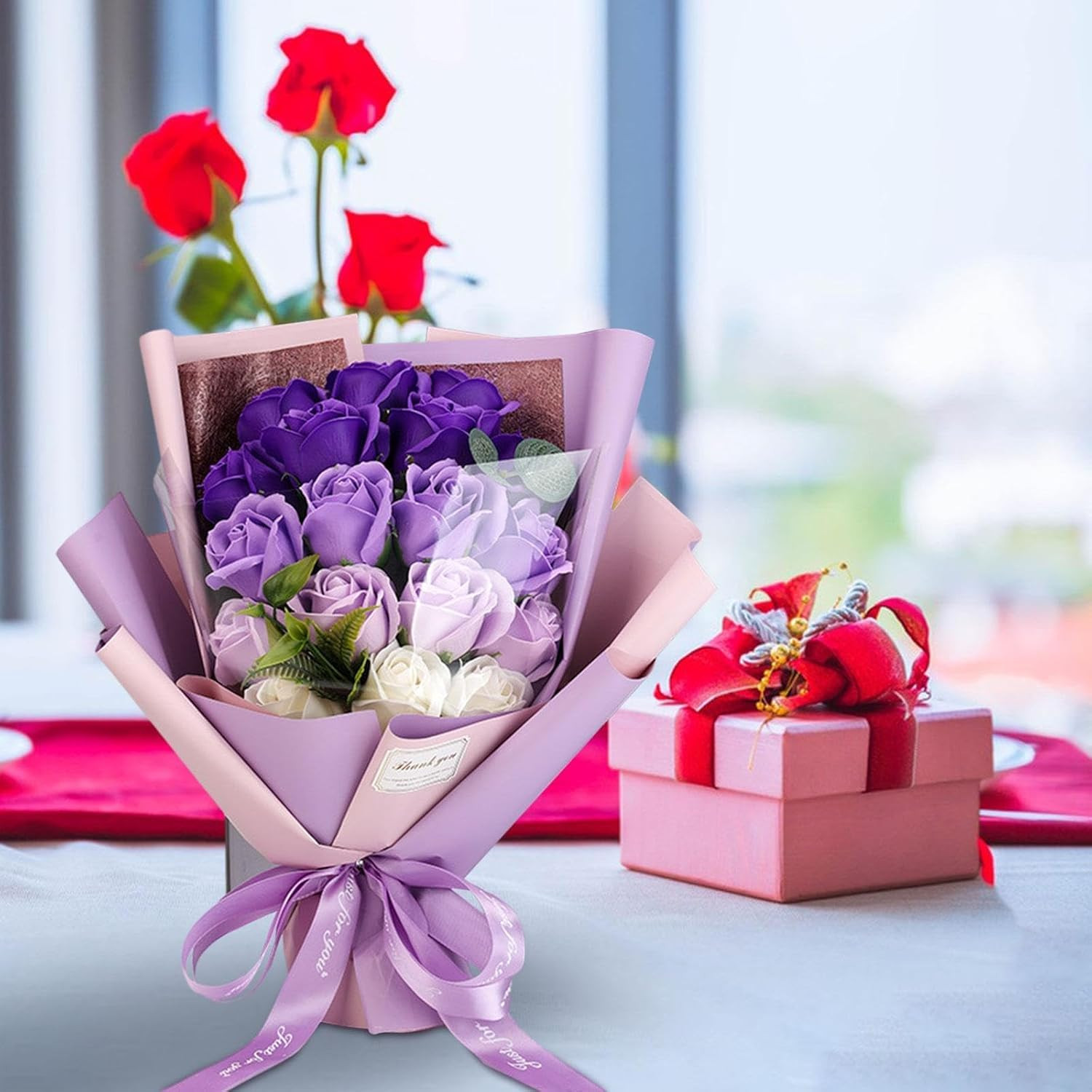 Roses Bouquet Artificial Flower – Preserved Red Rose Flowers with Love Necklace