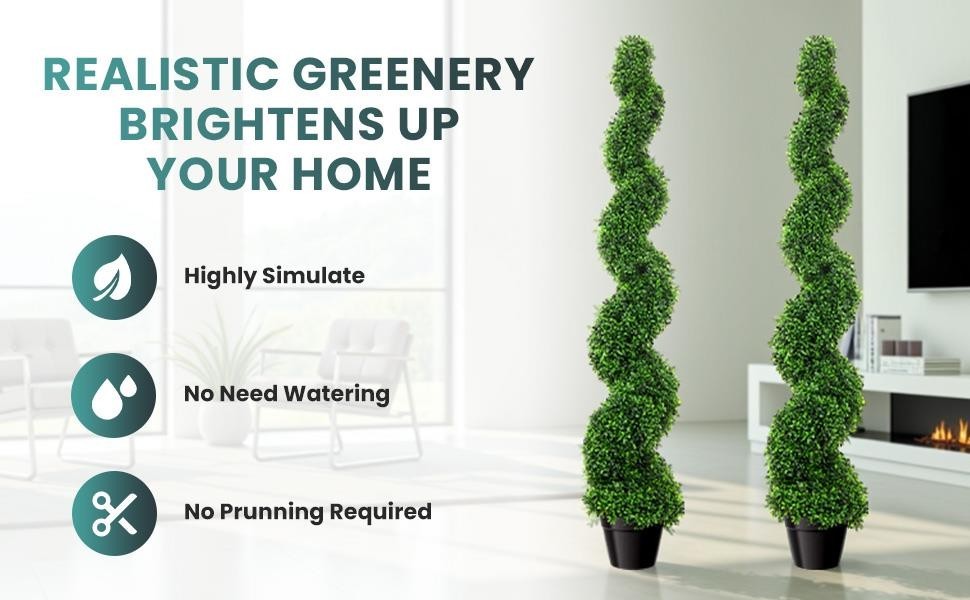 2-Pack Artificial Boxwood Spiral Trees 5 FT UV-Resistant Fake Plants w/ Pot