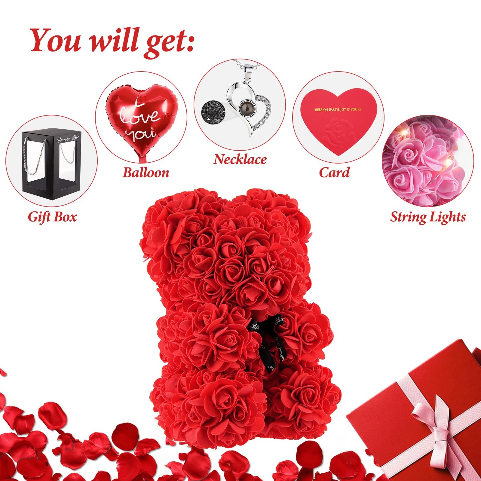 Rose Bear 10 Inch Red Flower Teddy Bear with Lights Box I Love You Necklace C…
