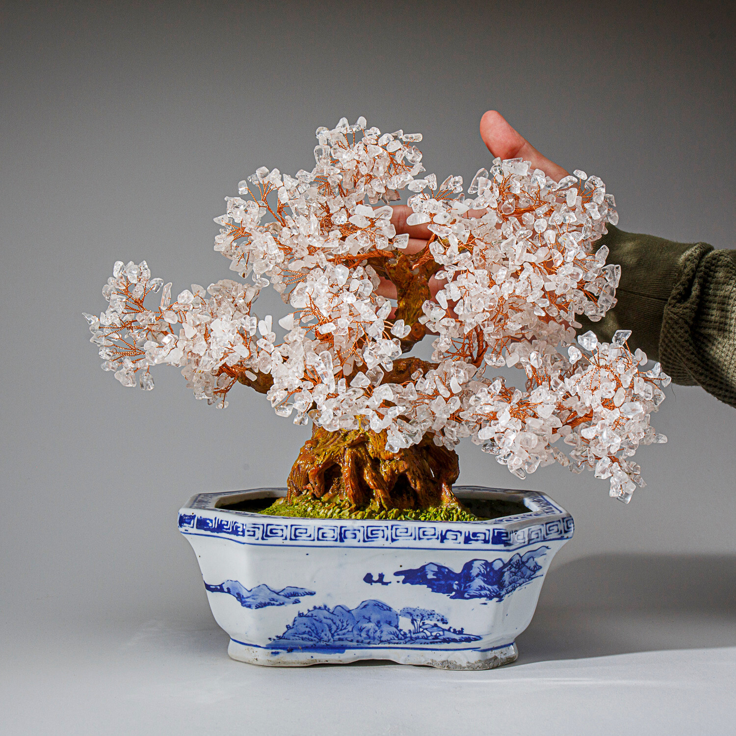 Genuine Quartz Gemstone Bonsai Tree in Oval Ceramic Pot (13” Tall)