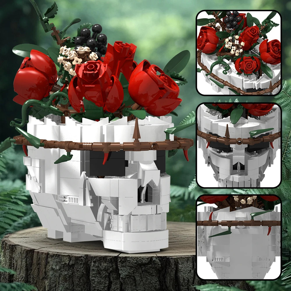 Raven Skull Roses Flower Building Blocks Set , Skull Planter Botanical Collectio