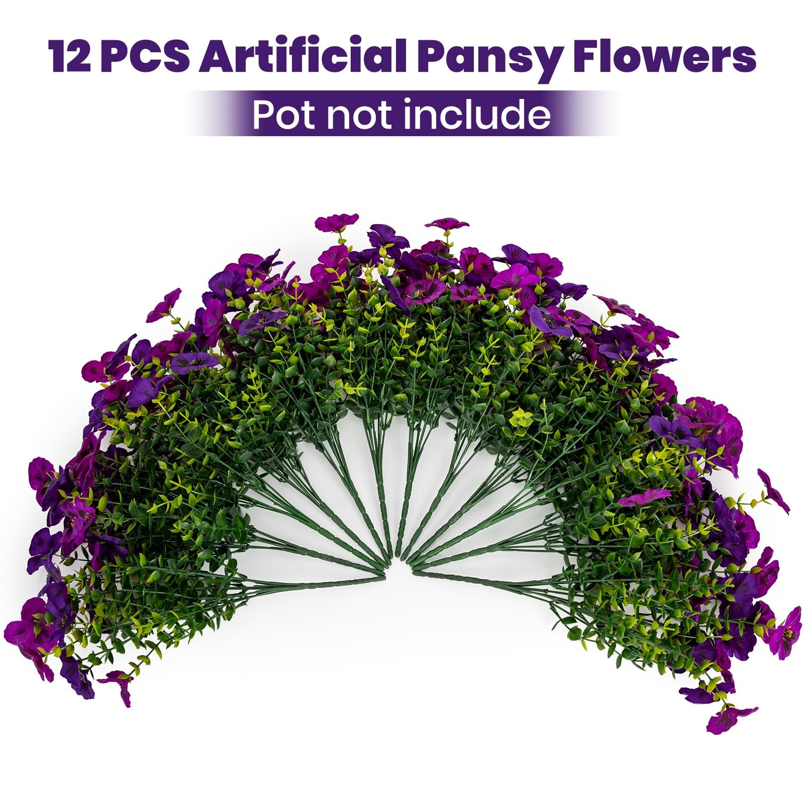 12 Piece Outdoor Artificial Flowers Fake Pansies -Two-Tone Faux Flowers per Stem