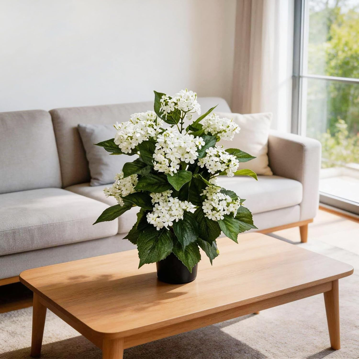 24 Inch Artificial White Hydrangea Potted Plant, 2 Pack Faux Silk Flower Bonsai