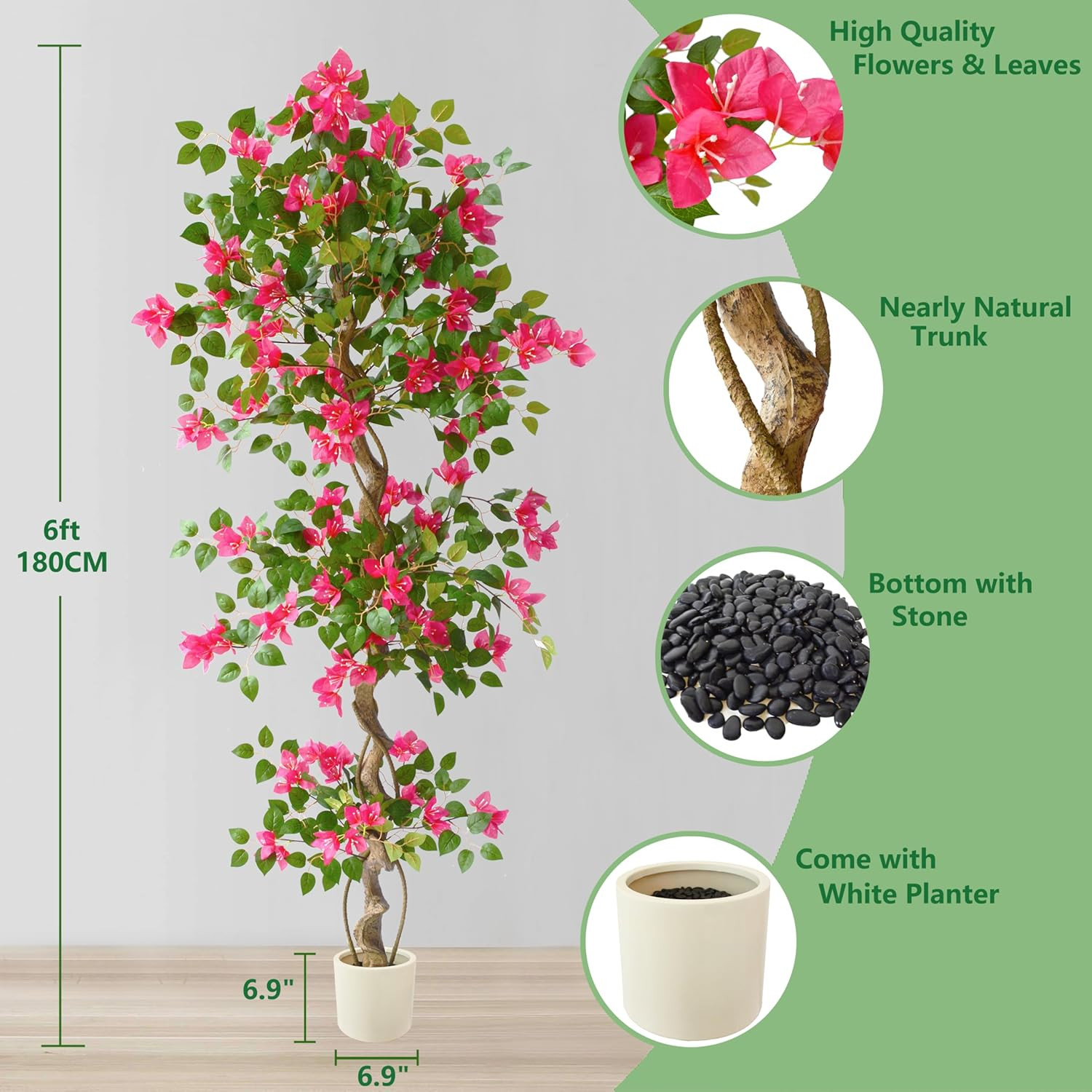 6Ft Faux Bougainvillea Tree in White Planter for Home & Wedding Décor