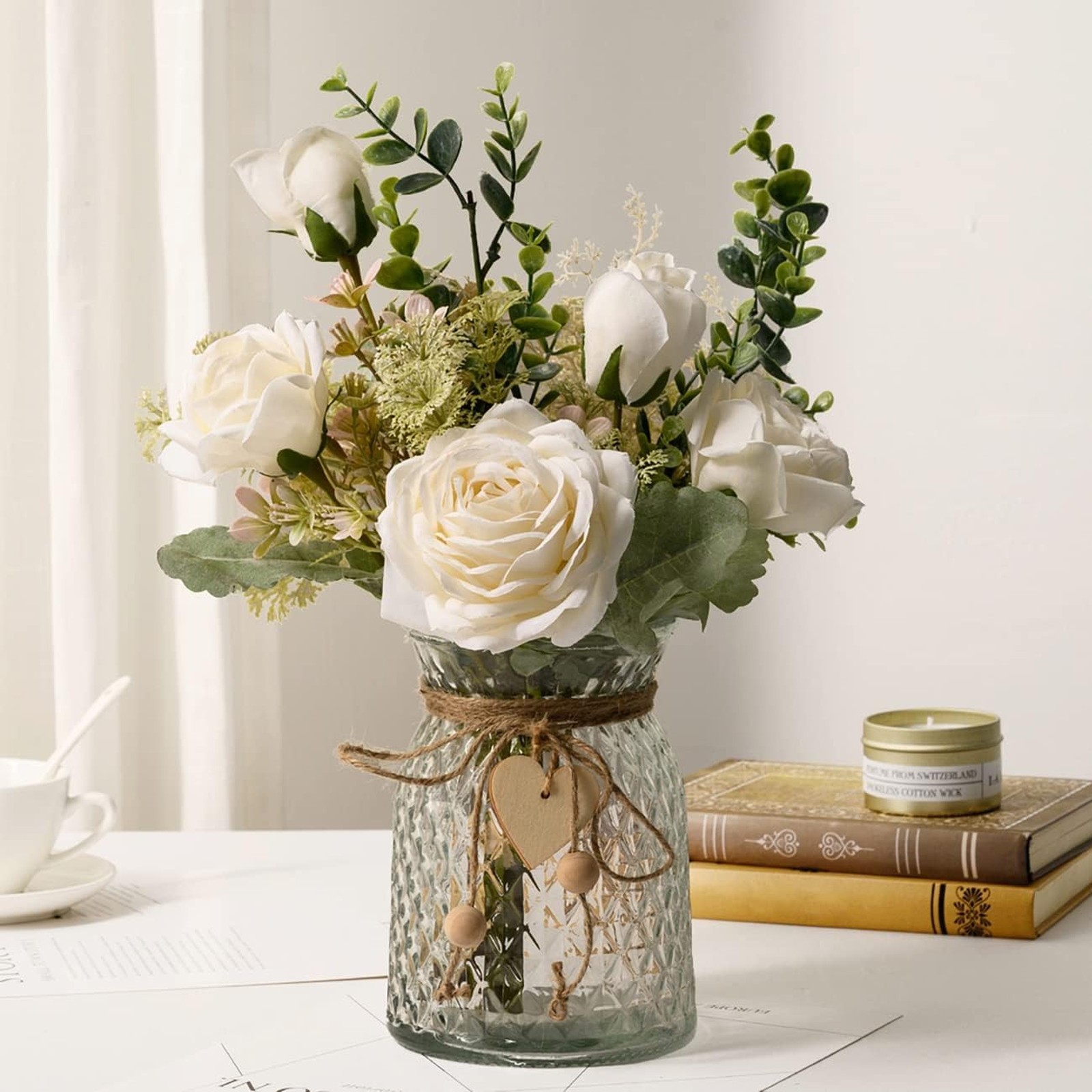 Artificial Flowers with Vase, Silk Roses and Eucalyptus, 12.5 Inch Faux Flower