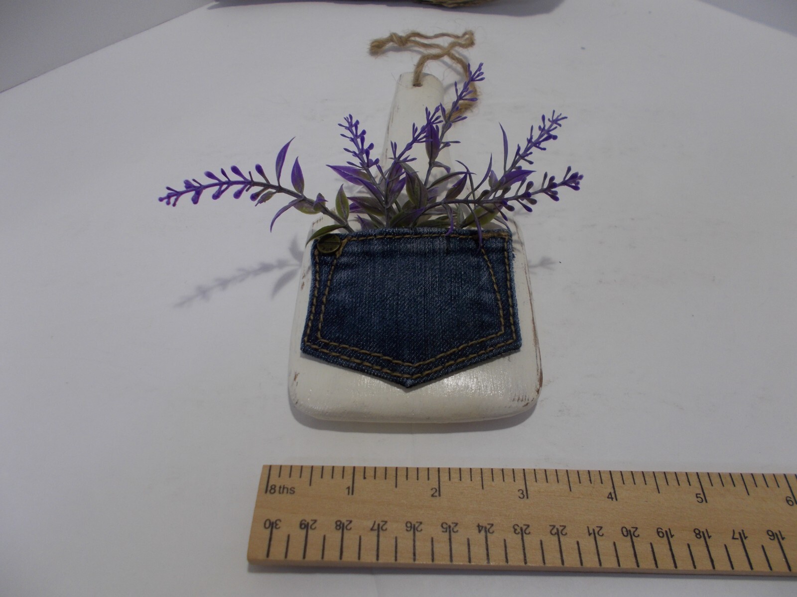Butter Paddle Small Wooden with Small Denim Pocket of Faux Lavender Handcrafted