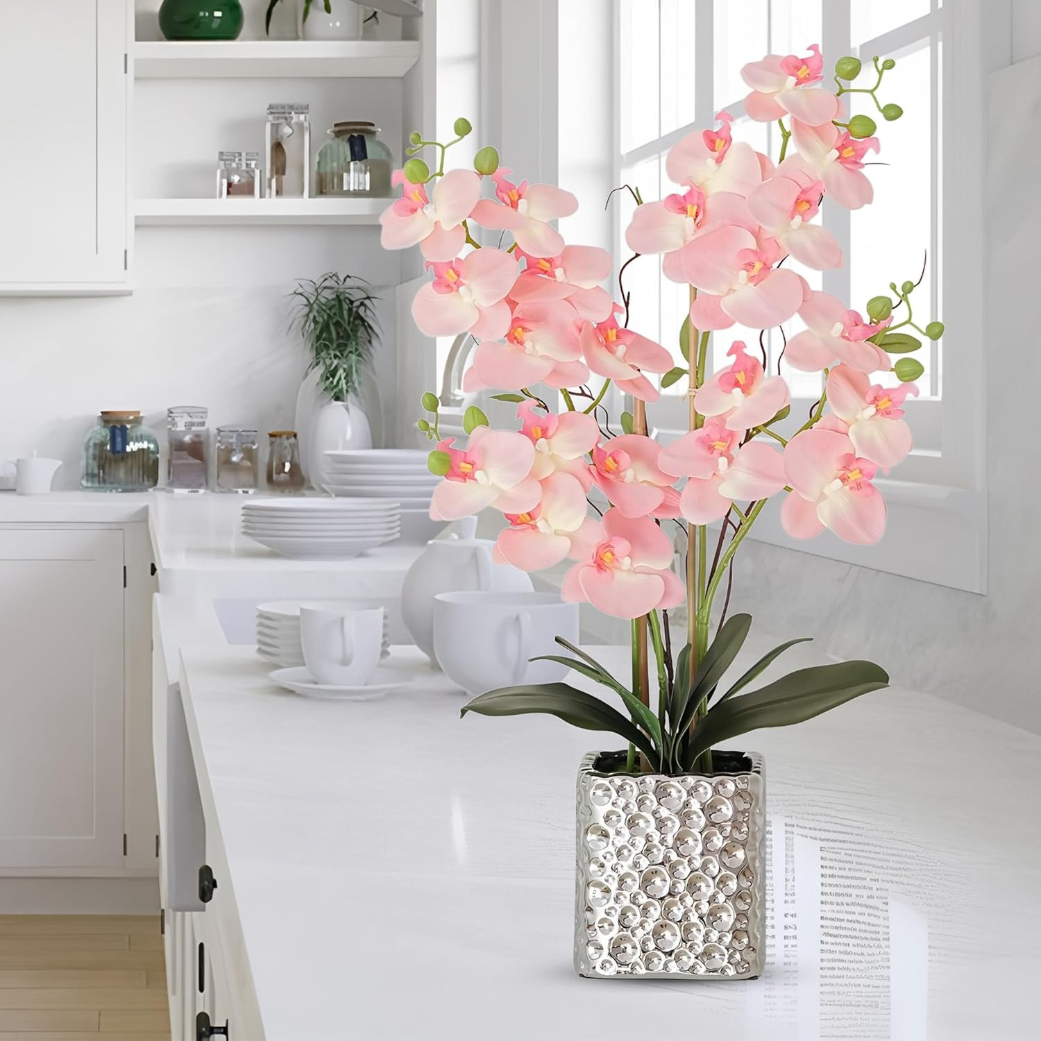 Pink Orchid Silk Flowers in Silver Vase – Elegant Dining Table Centerpiece