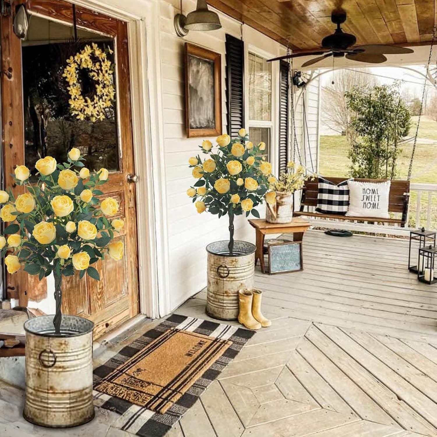 4FT Yellow Rose Tree Set of 2 – Blooming Artificial Flowers for Home & Garden