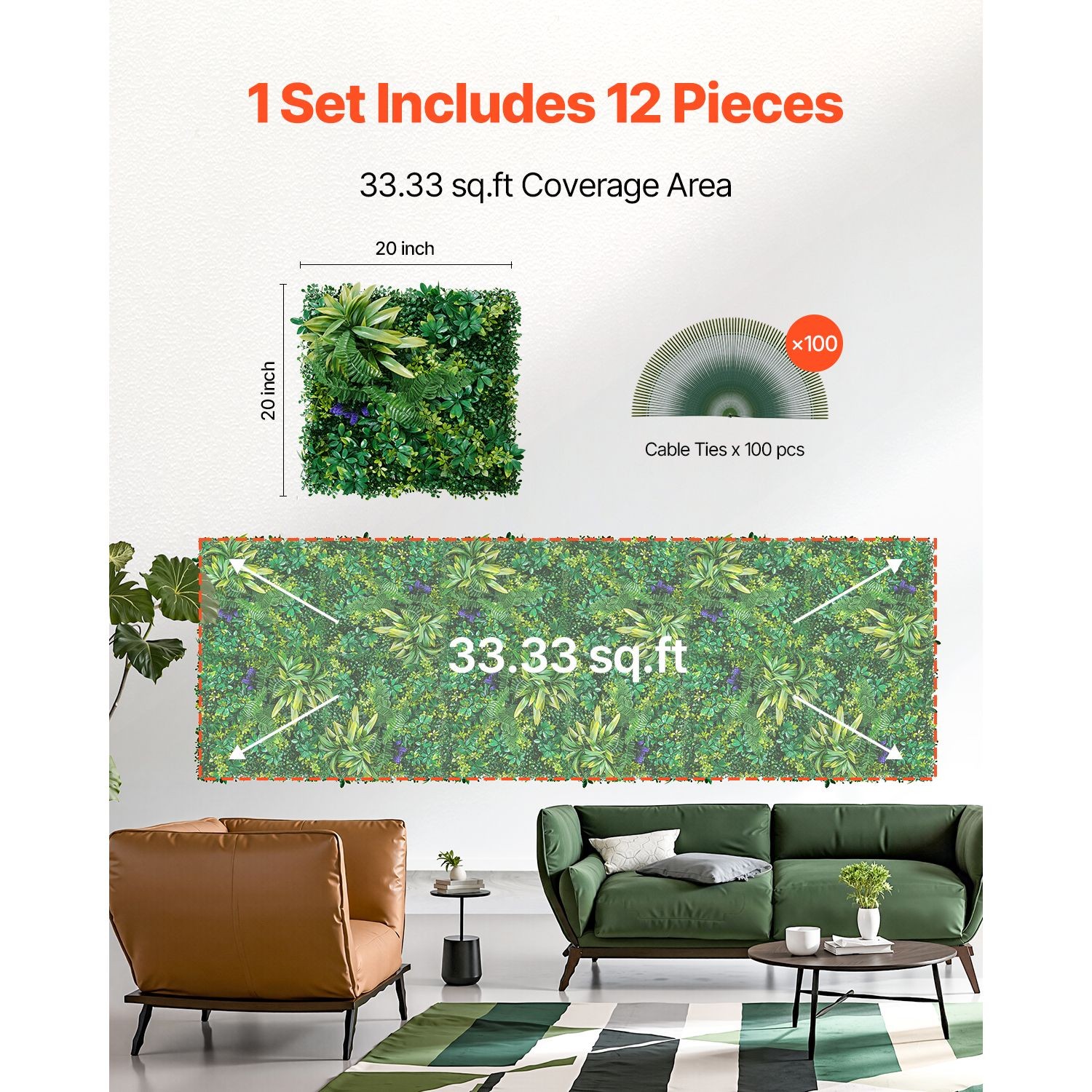 3D Artificial Grass Wall Panels 12PC 20x20in for Indoor Outdoor Green Decor
