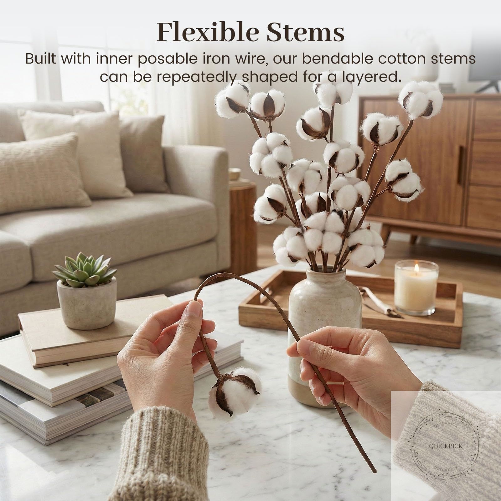 Cotton Stems 8 Packs with 15 Bolls, Natural Dried Flowers Cotton Sprigs for Vase