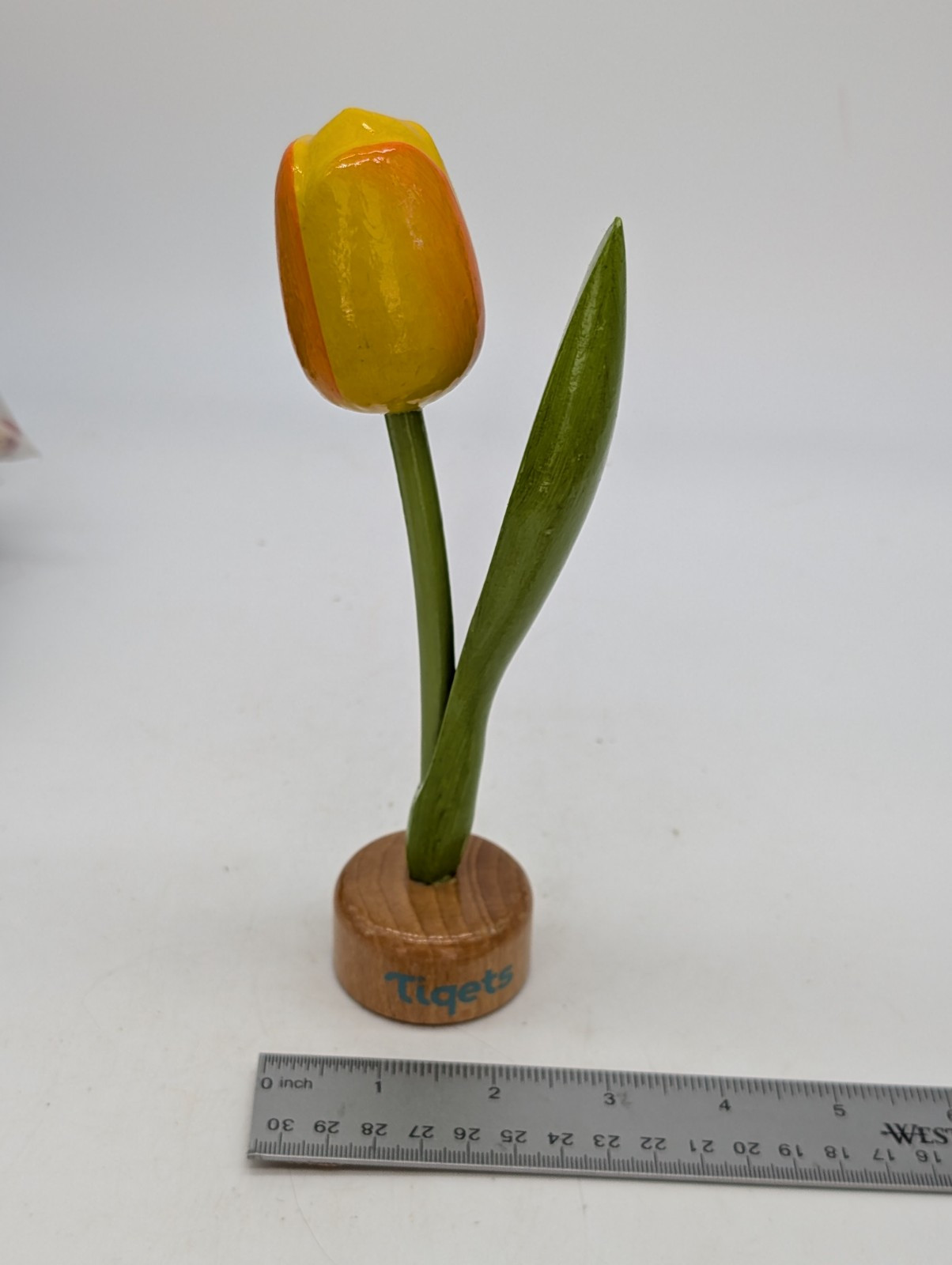 Hand Carved and Painted Wooden Flower Tulip Yellow Tiqets Holland Dutch In Base