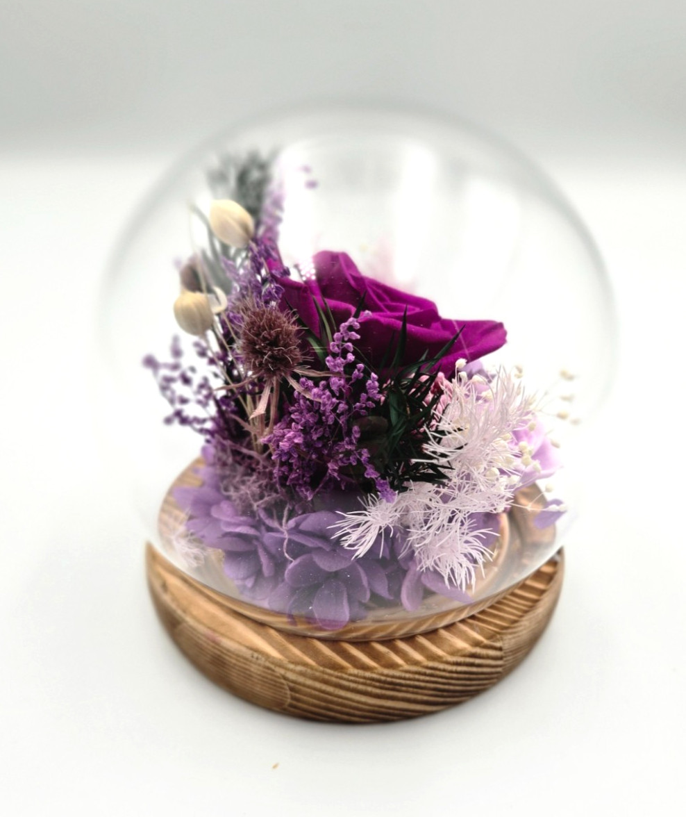 Preserved Roses in Glass Dome with Wooden Base With Light, Purple