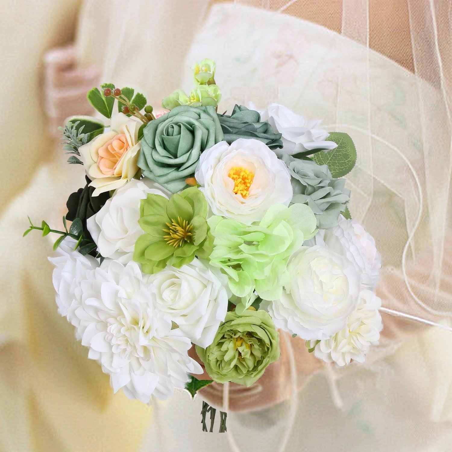White & Green Artificial Flowers Combo Box Silk Fake Flower for DIY Wedding B…