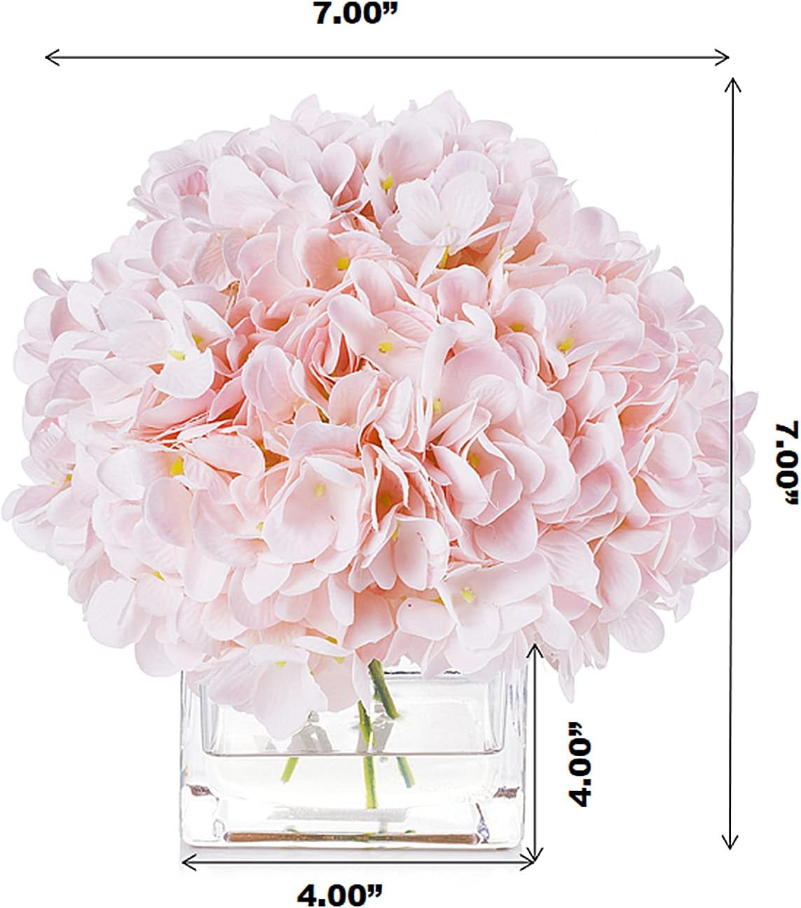 Pink Silk Hydrangea Arrangement in Cube Glass Vase with Faux Water