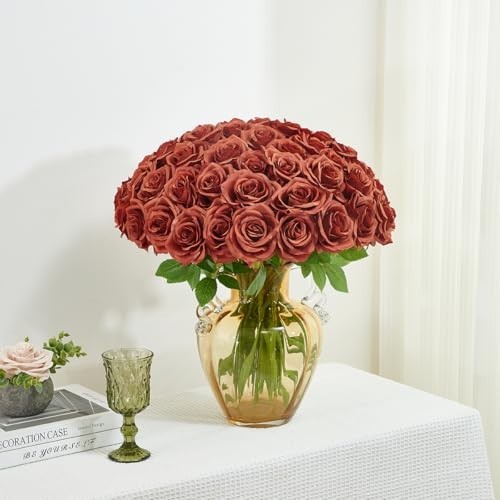 50pcs Burnt Orange Artificial Roses – Realistic Silk Flowers for Wedding, Home &
