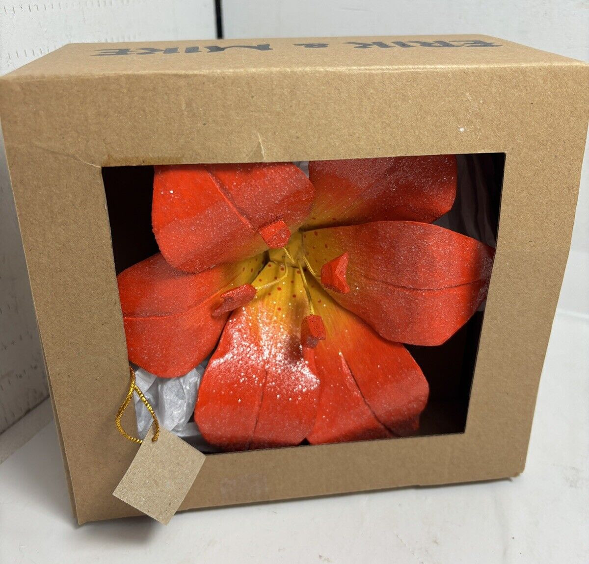 Artisian Hand Carved Painted Wood Flower Orange Faux Lily Ornament 7.5″ Tropical