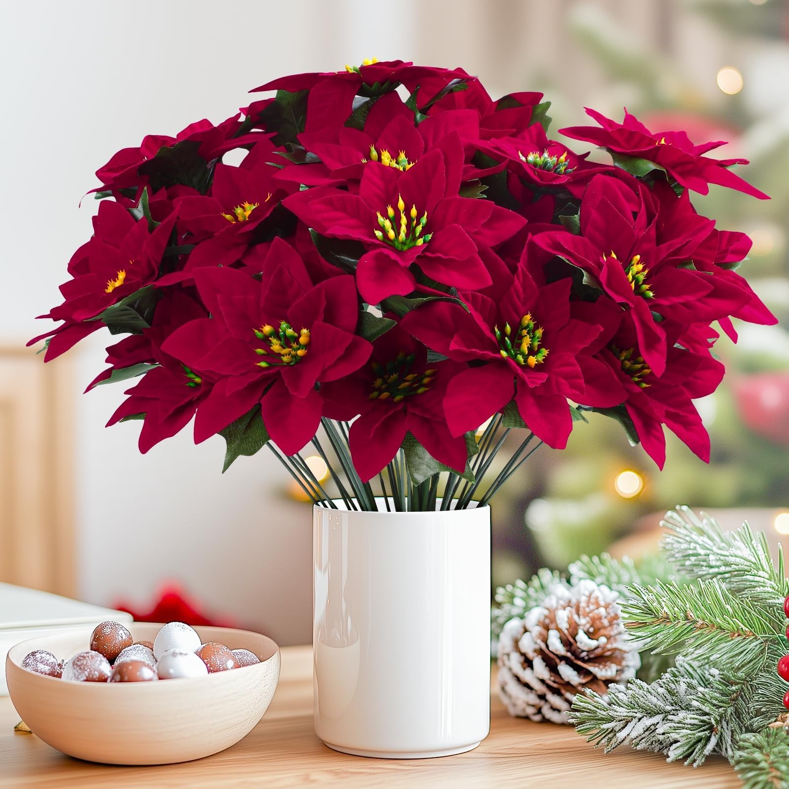 8 Pack 7 Heads 17in Poinsettia Christmas Flowers Artificial Velvet Fake Poins…