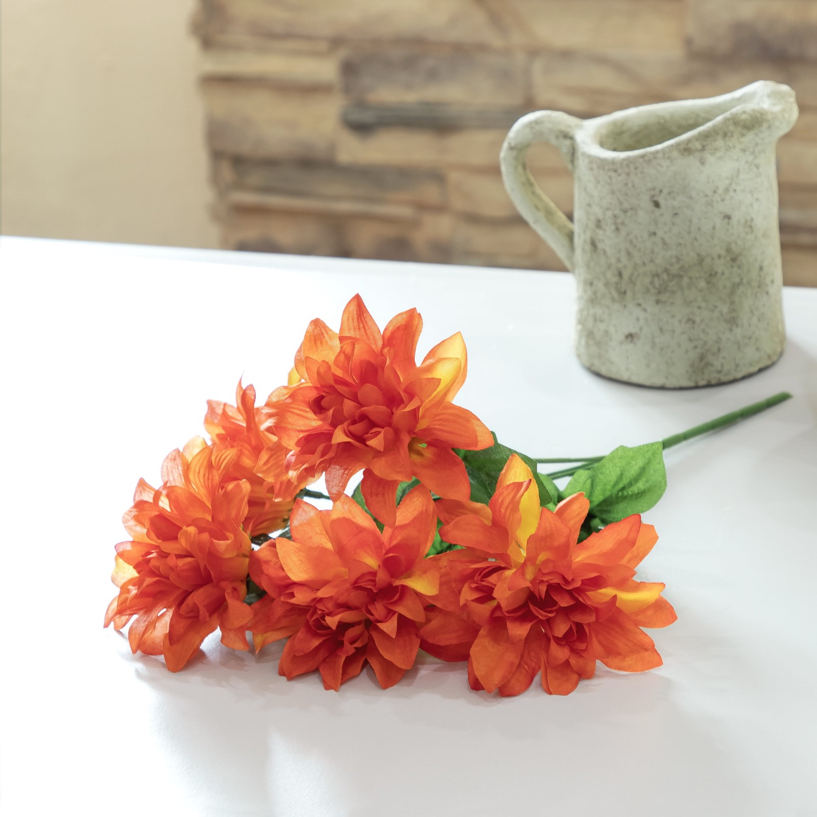 (4 pack) 13-inch Artificial Silk Orange Dahlia Flower Pick, 5 flower heads
