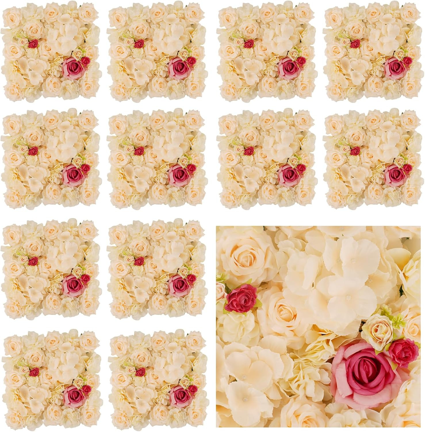 Champagne & Red 3D Flower Wall Backdrop – 12 Pcs Silk Rose Panels