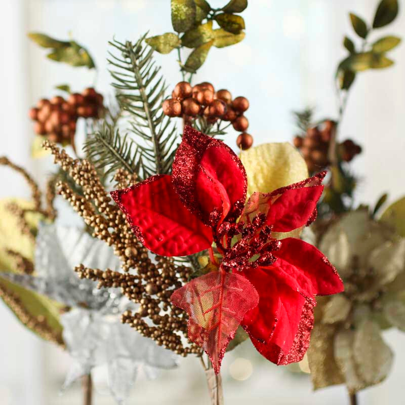 Set of 6 Assorted 15″ Glittery Poinsettia with Artificial Pine Sprays