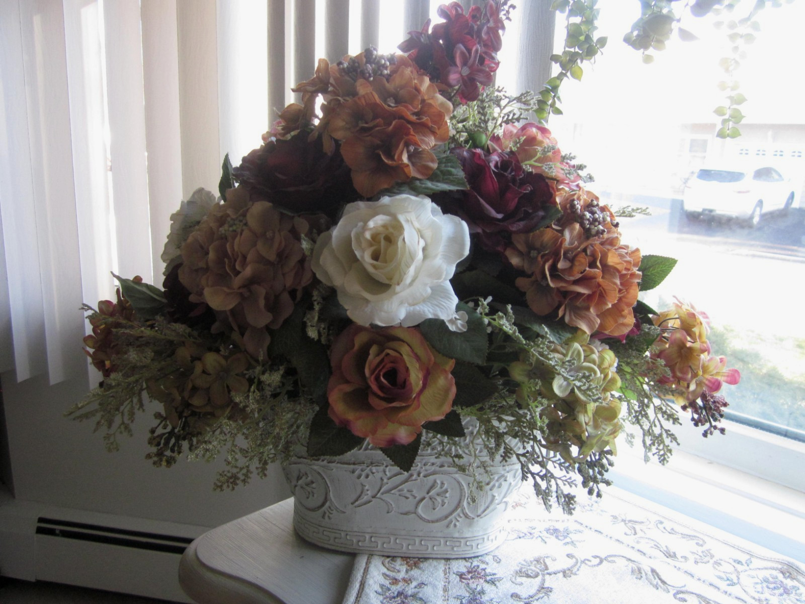 beautiful handmade mauve burgundy roses earth tone floral centerpiece accent