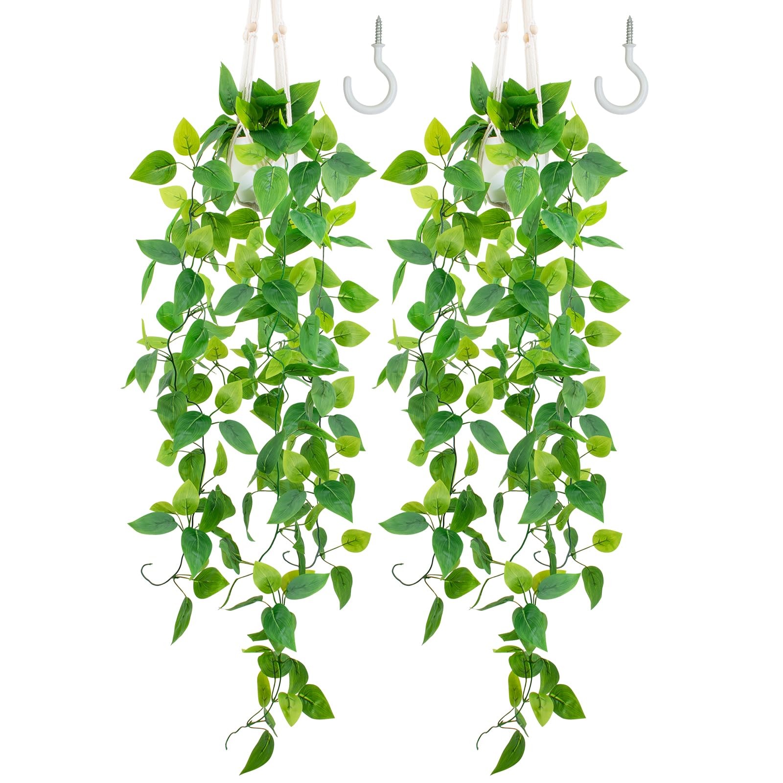 2 Pack 39 Inch Artificial Hanging Plant Kit Fake Pothos Vines White Pot