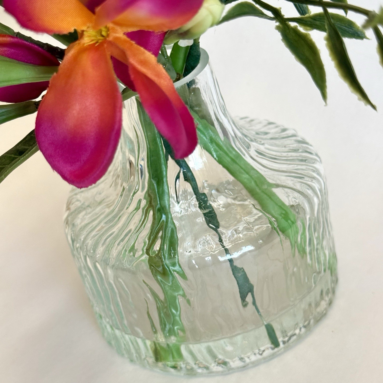 Artificial Tropical Flower Arrangement in Textured Glass Vase Pink Orange 10”