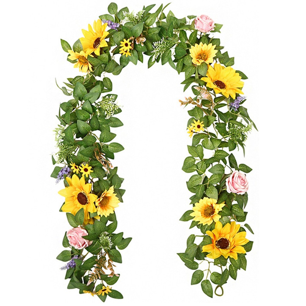 Realistic Sunflower Rattan Garland 200cm Green Plant Indoor Outdoor Decor