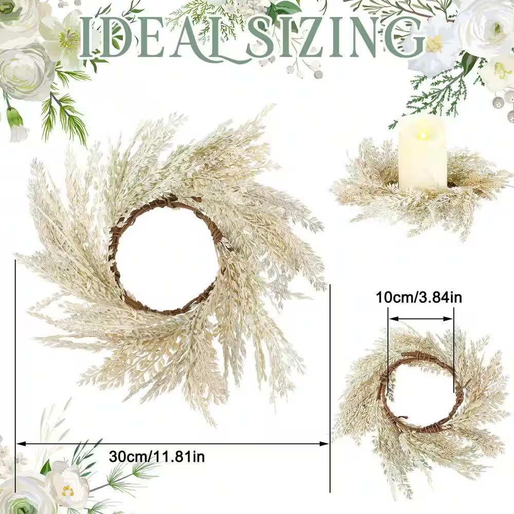 2.36 in Beige Artificial Plant Pampas Grass Candle Ring Wreath 4 Pcs Faux Boho T