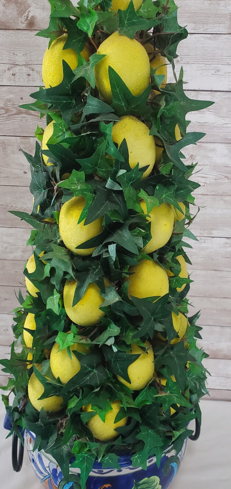Faux Lemon 23″ Topiary Tree Centerpiece in Beautiful Cobalt Blue & Rust Planter