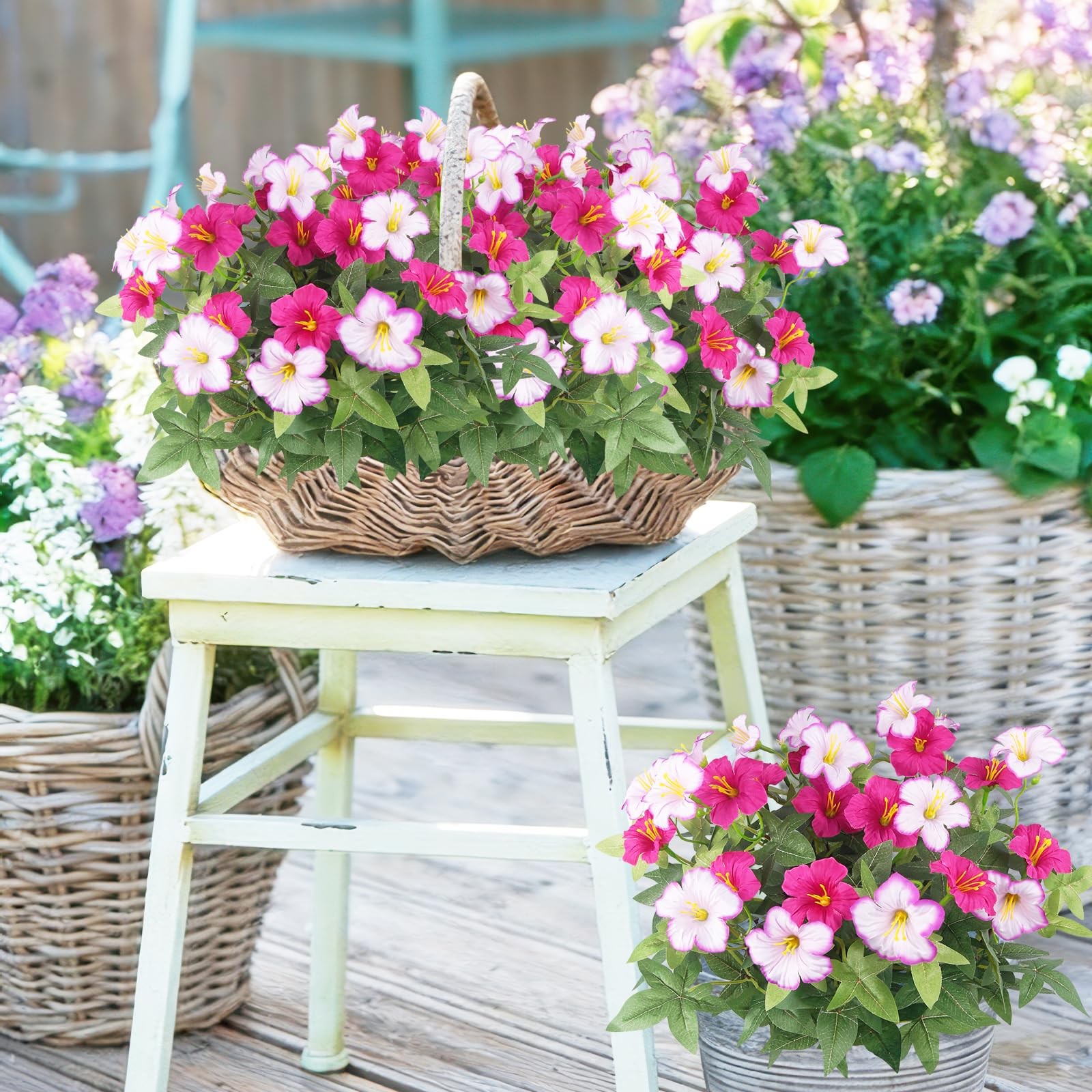 2Pcs Artificial Flowers for Outdoors Fake Plants Outside Magenta, Light Purpl