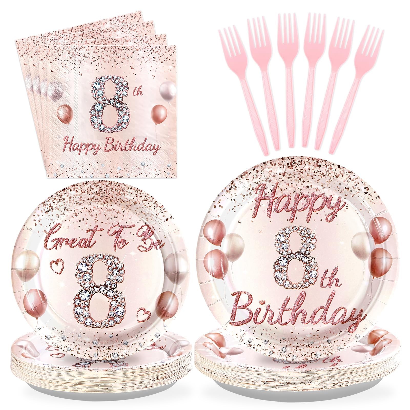 8th Birthday Party Supplies Girls Rose Gold Plates Napkins Tableware 96 PCS