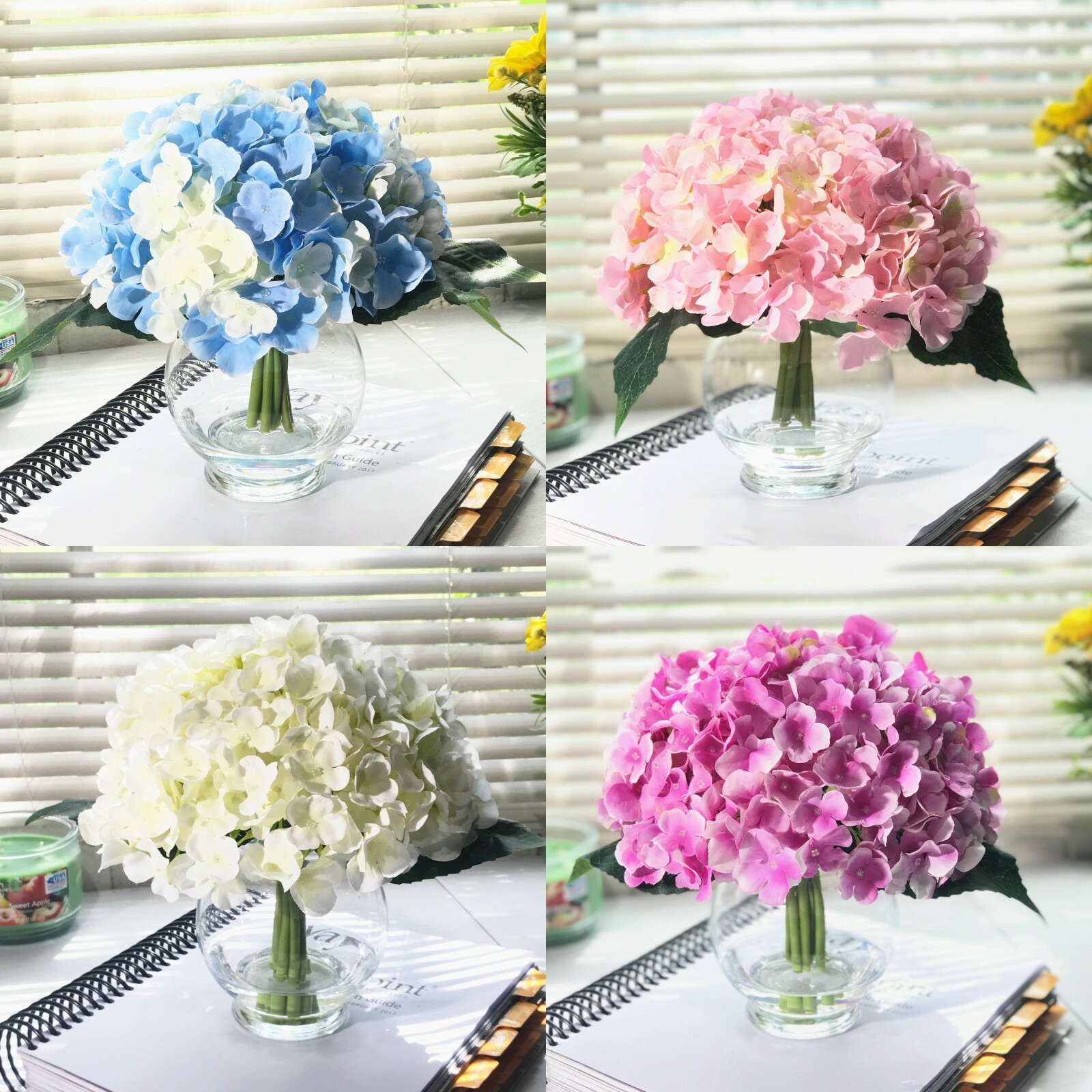 10 Stems Silk Hydrangea Artificial Flower Arrangement Glass Vase w/ Faux Water