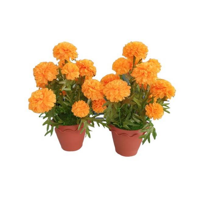 Pair Marigolds Flower Artifical Tree Set Pot Decor Home Yellow Color Floral Day