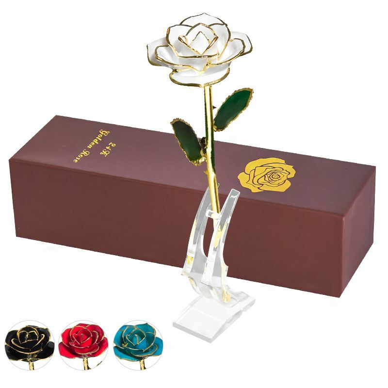 Gold Artificial Rose Flower In Box Surprize Birthday Valentine Day Gift For Girl