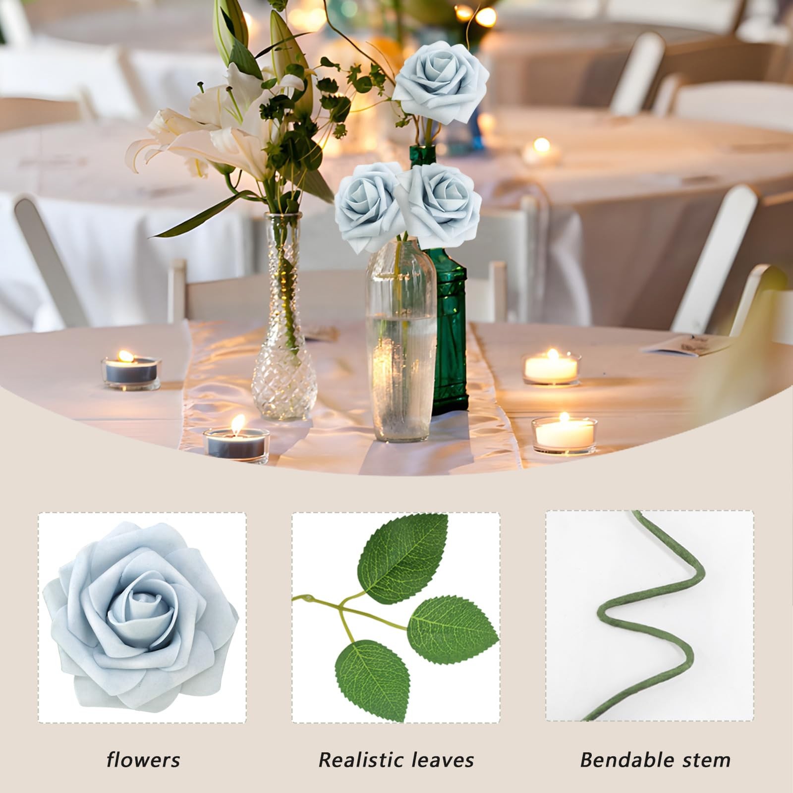200PCS Blue Realistic Roses – Artificial Latex Foam Flowers with Bendable Ste…
