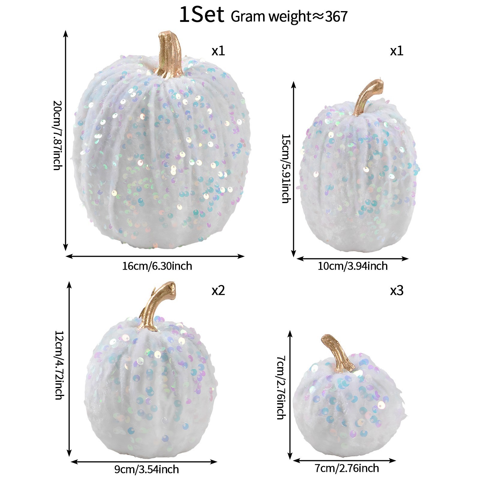 7 Pc Sequin Pumpkin Set Foam Core Plush Fabric Shimmering for Seasonal Display